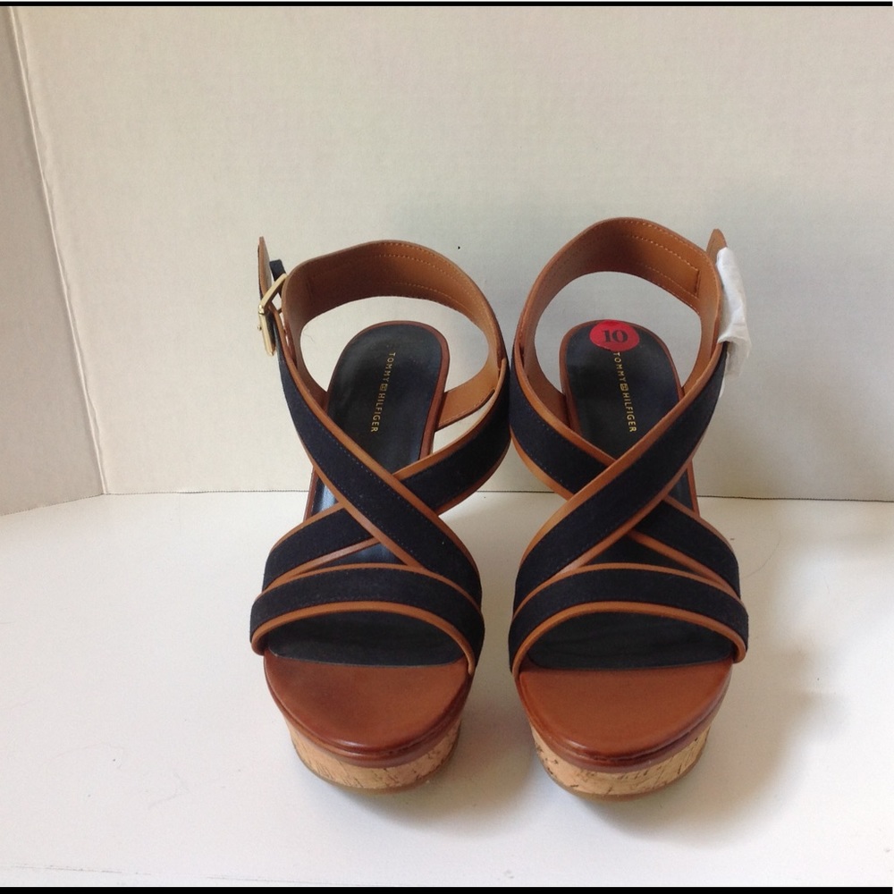 Tommy Hilfiger Blue Sandals Navy Tan Cork Wedge